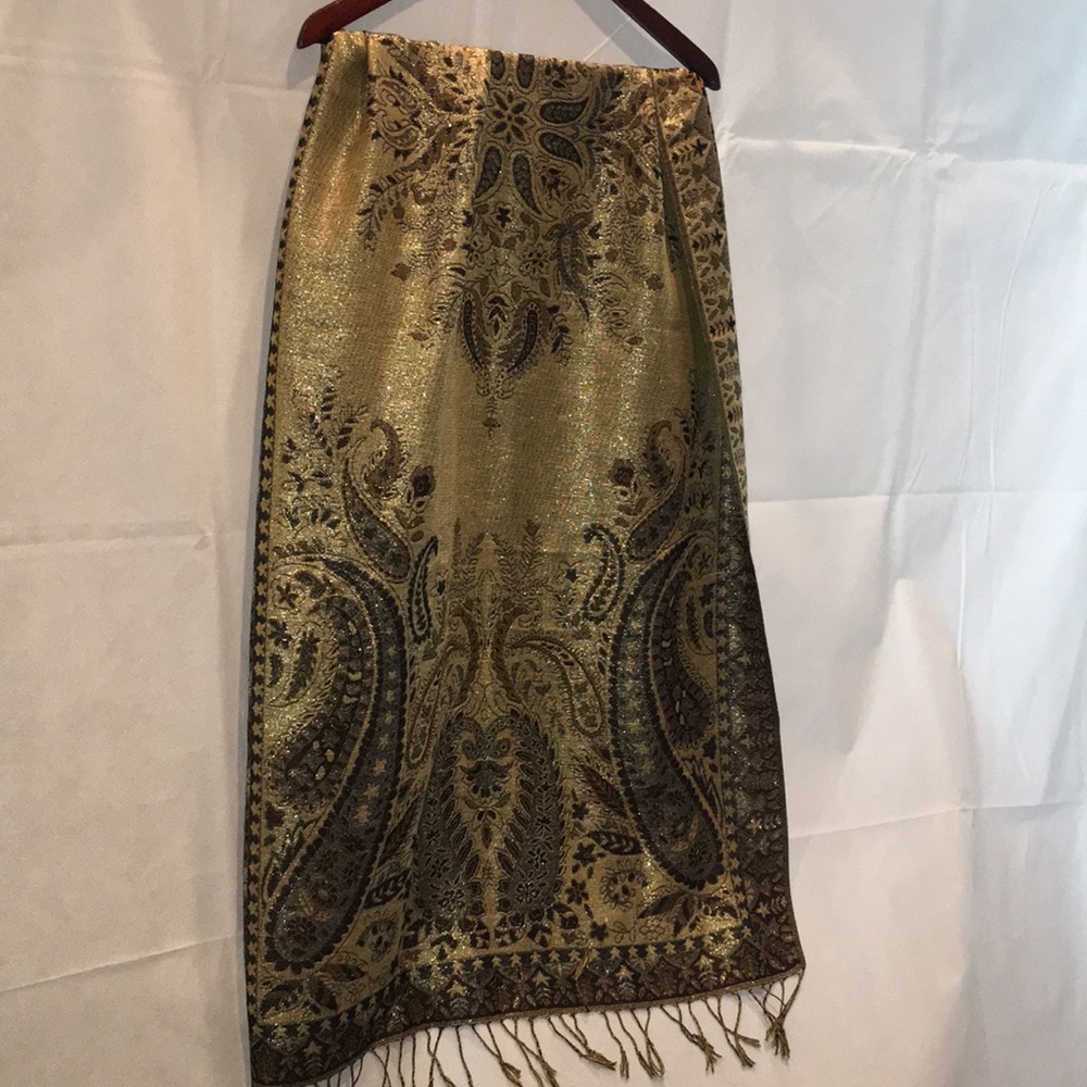 Pashmina & Silk Blend Scarf | Metallic Gold & Black Paisley